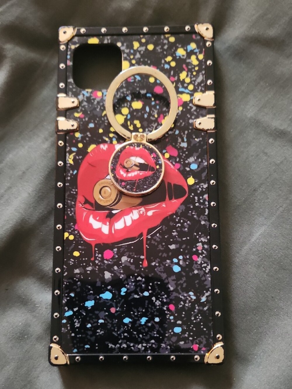 Stylish Black Lip Print Phone Case with Gold Ring Holder - Picture 2 of 4